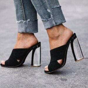 KENDALL & KYLIE THE KARMEN HEEL - BLACK SUEDE MULES w/ LUCITE HEELS